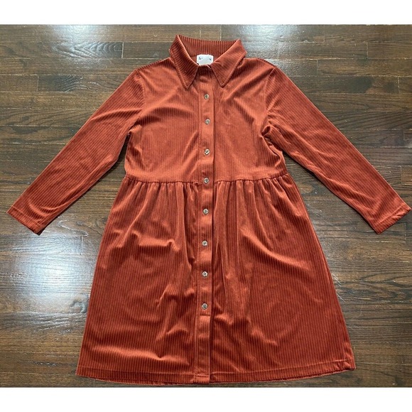 Vtg Hanes Signature Collection Ribbed Velvet Midi Dress L Button Front 80's Rust - Picture 2 of 9